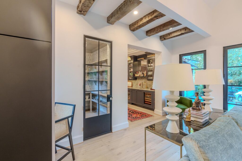 Contemporary kitchen with wooden beams and stylish decor