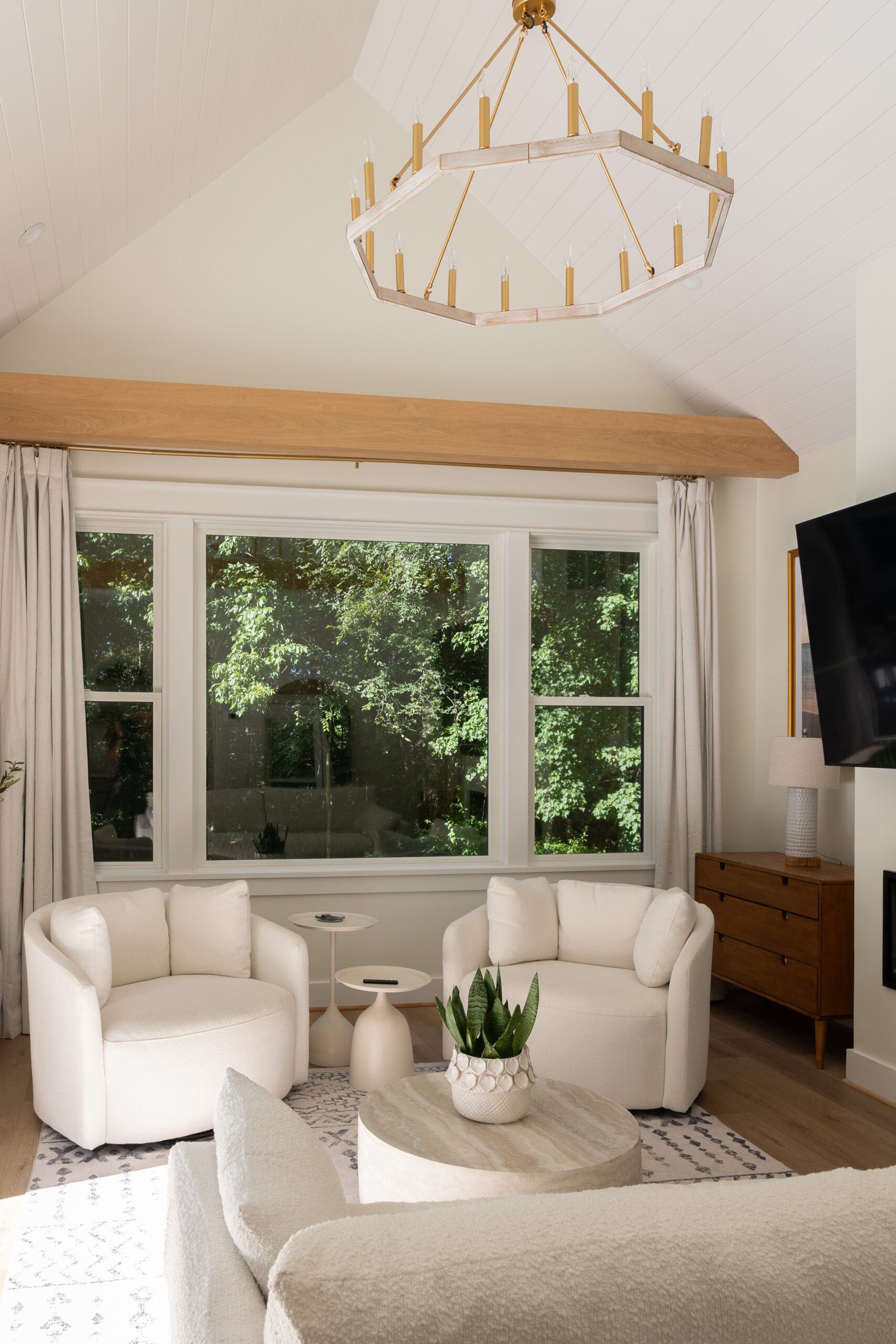 pool house interior with neutral furniture and finishes